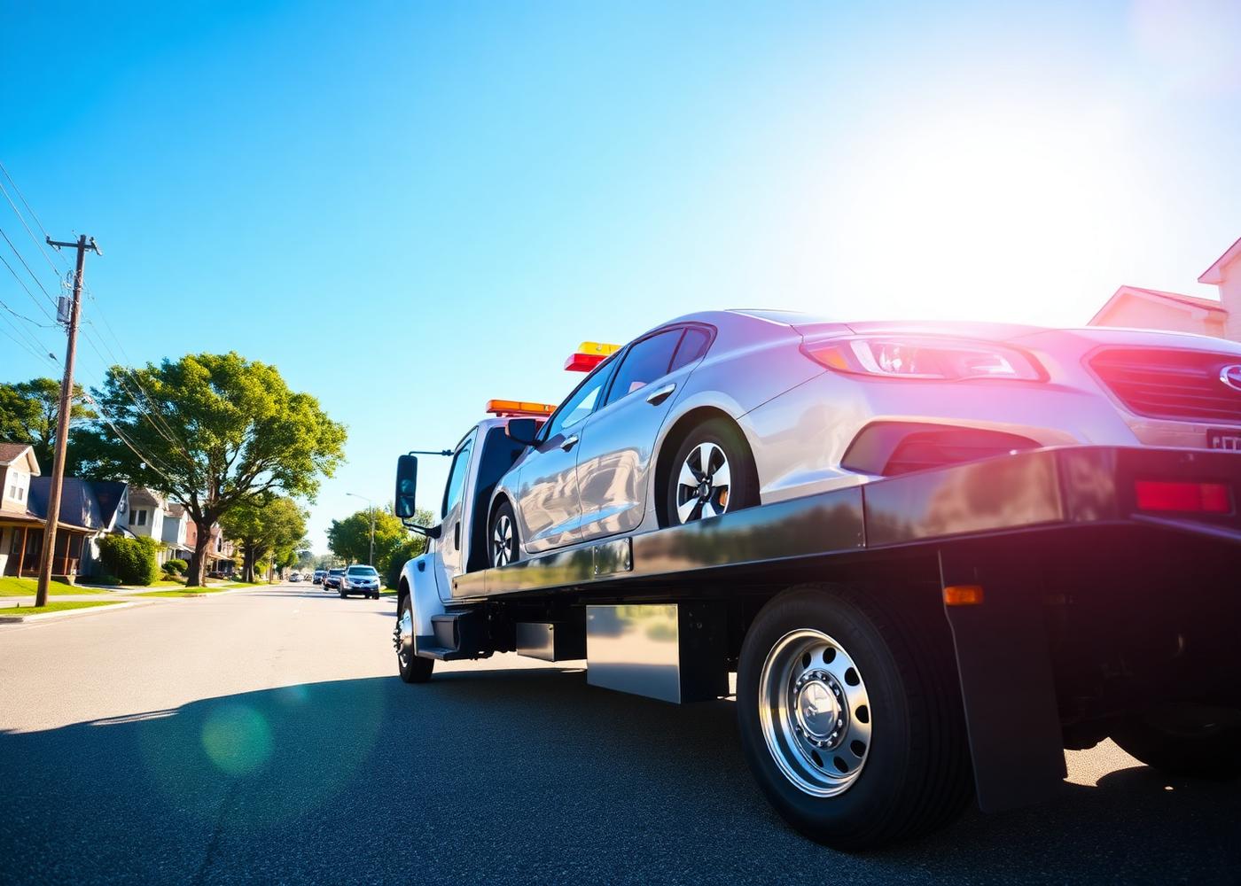 Flatbed tow truck loading a vehicle in a New Jersey neighborhood